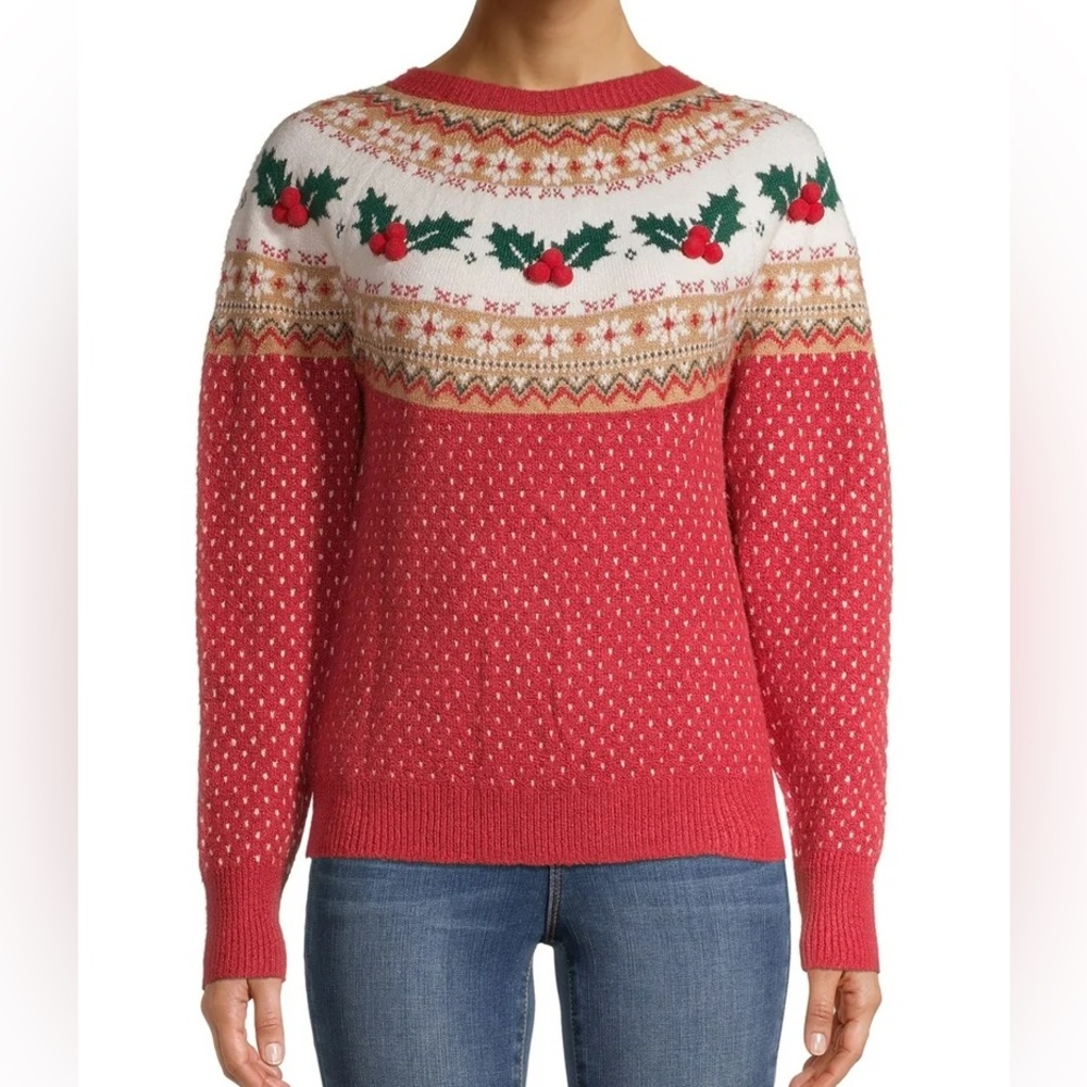 Holiday Time Fair Isle Sparkly Pom Pom Mistletoe Ugly Sweater